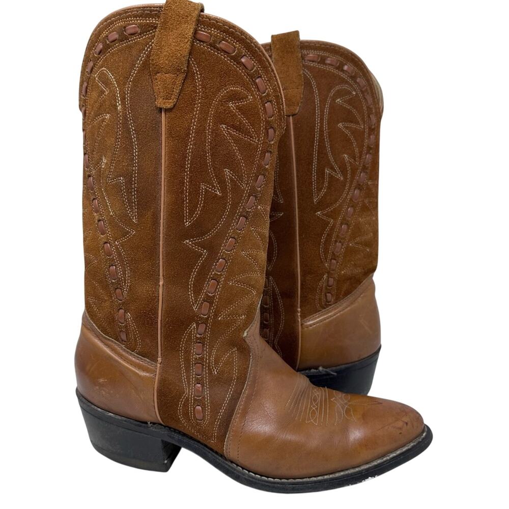 Vintage Suede Whip Stitches Detail Cowboy Boots -  BROWN